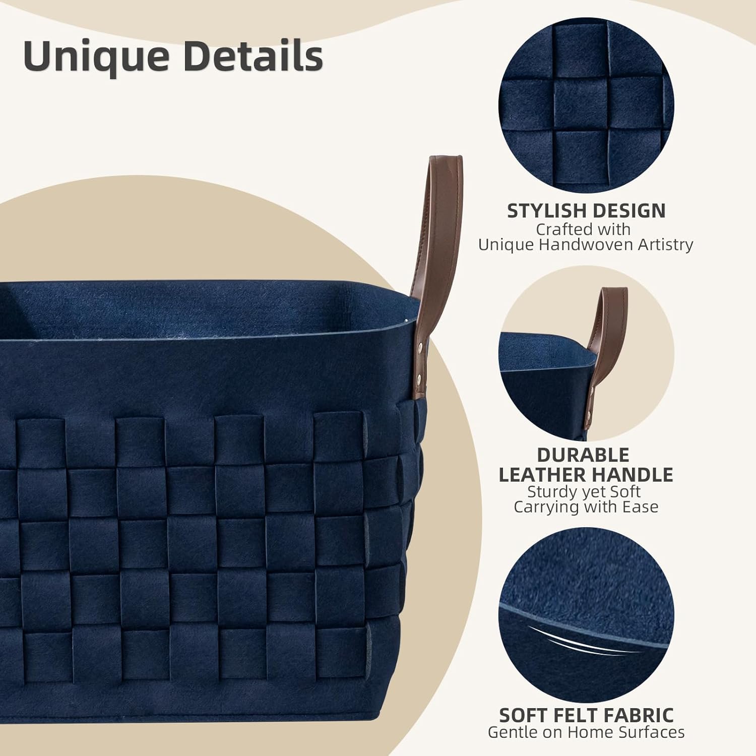 boldmonkey Blankets Basket 16.5 " x13 x13 , Extra Large Rectangular Laundry Hamper with Leather Handle, Soft Dog Toy Basket for Storage-Navy Blue