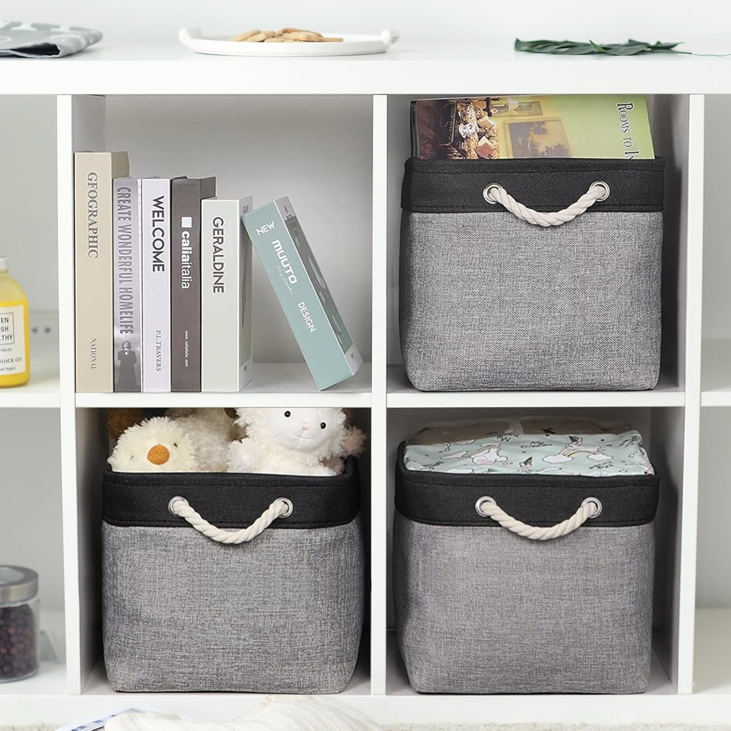 TheWarmHome Storage Basket for Organizing - 16x12x12 inch Cube Storage bin 3 Pack Fabric Storage Cubes, Collapsible Storage Box for Organizer Cloth Gift Toy Closet (Black & Grey)