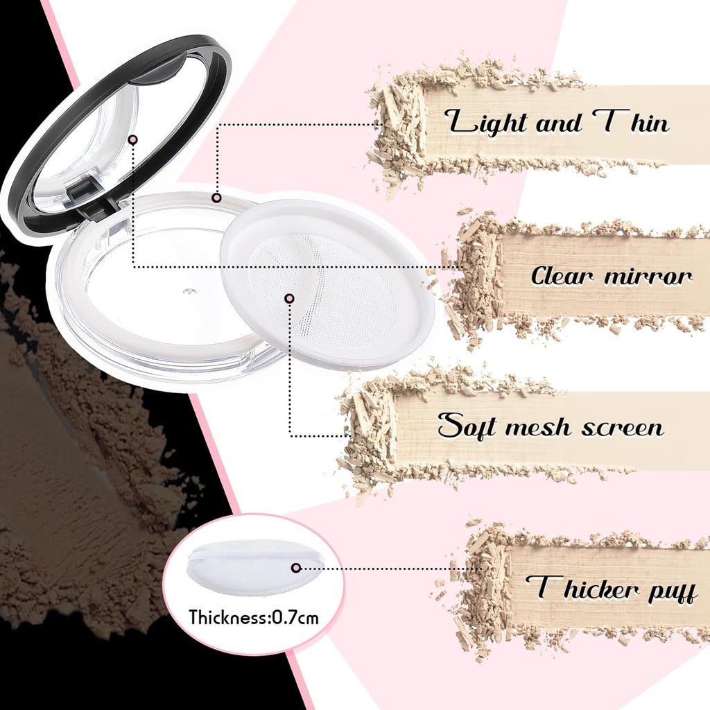 Cunhill 2 Pcs Loose Powder Container with Puff 0.17/0.7 oz Reusable Plastic Portable DIY Makeup Empty Powder Case with Mirror and Net Sifter(Silver, Black)