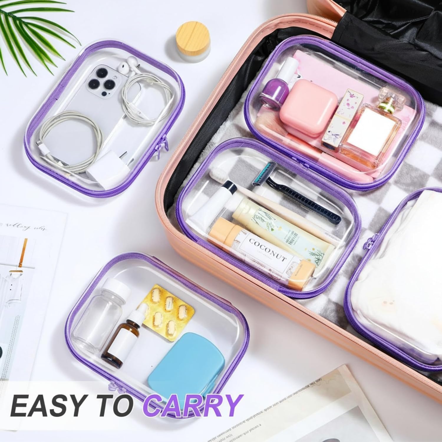 Sanwuta 6 Pcs Clear Hard Zipper Case Hard Plastic Zipper Pouches Transparent Makeup Bag Pencil Pouches for Travel Snacks Christmas Trinket Storage Organizer Box(Purple,7.87 x 5.9 x 2 Inch)