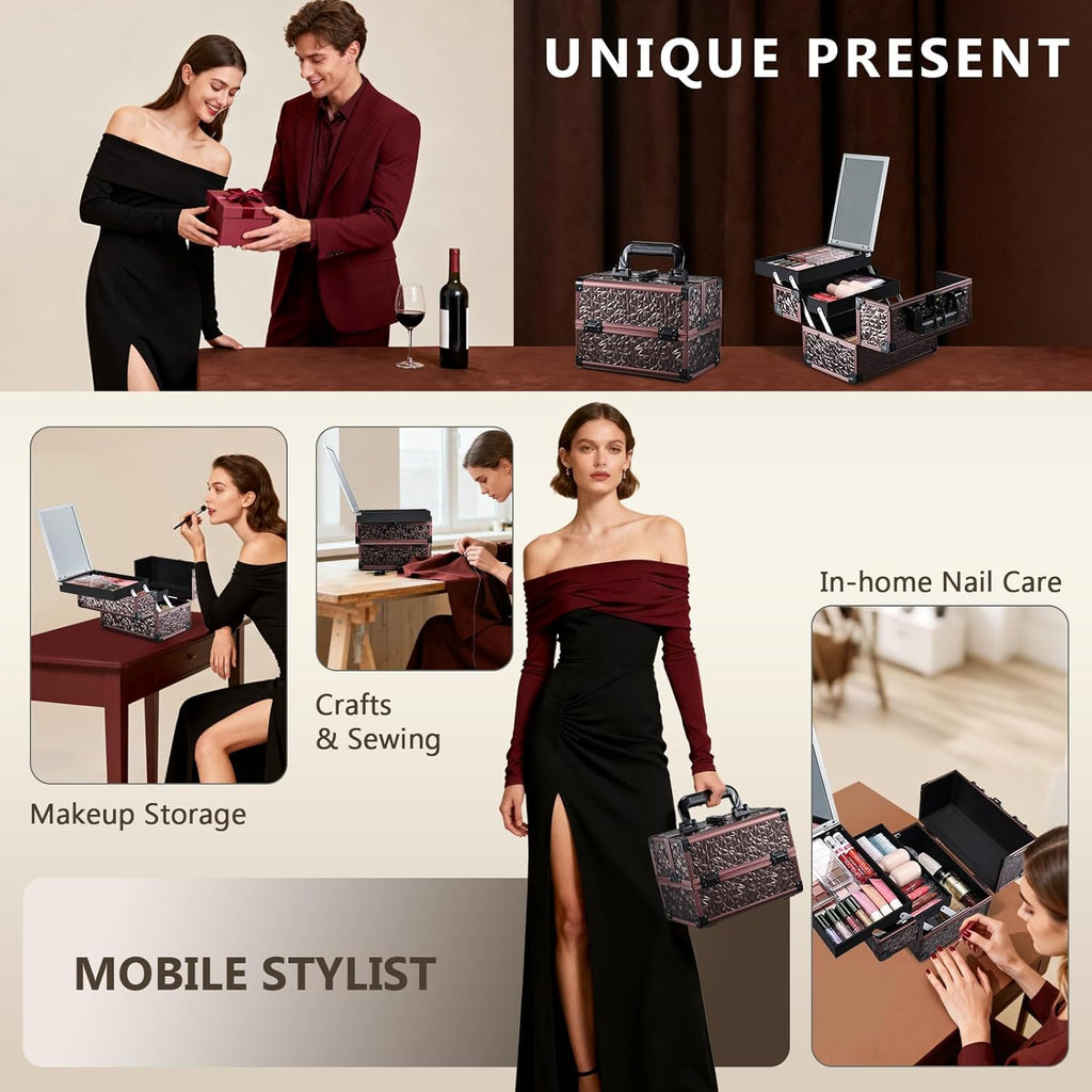 Joligrace Makeup Train Case Cosmetic Box Portable Makeup Case Organizer 2 Trays Makeup Storage with Mirror Locking for Cosmetologist Aesthetic Supplies Nail Tech Traveling Makeup Box Dark Brown
