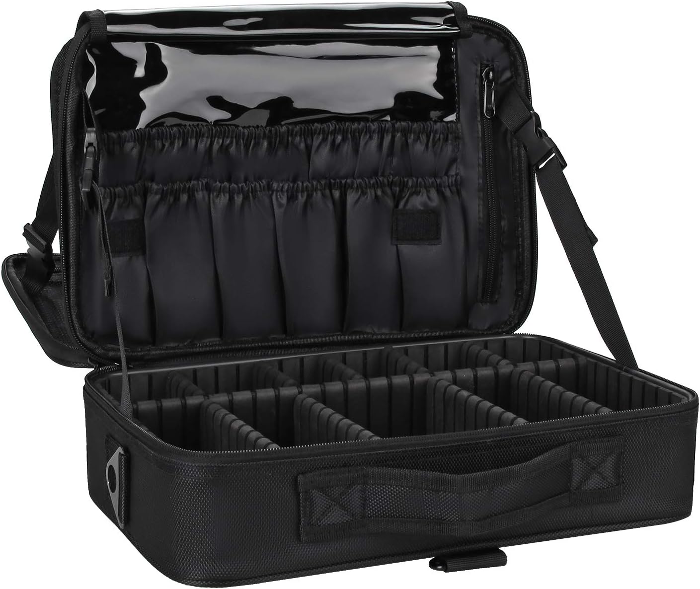 Relavel Makeup Bag Travel Makeup Train Case 13.8 inches Large Cosmetic Case Professional Portable Makeup Brush Holder Organizer and Storage with Adjustable Dividers and Shoulder Strap Black