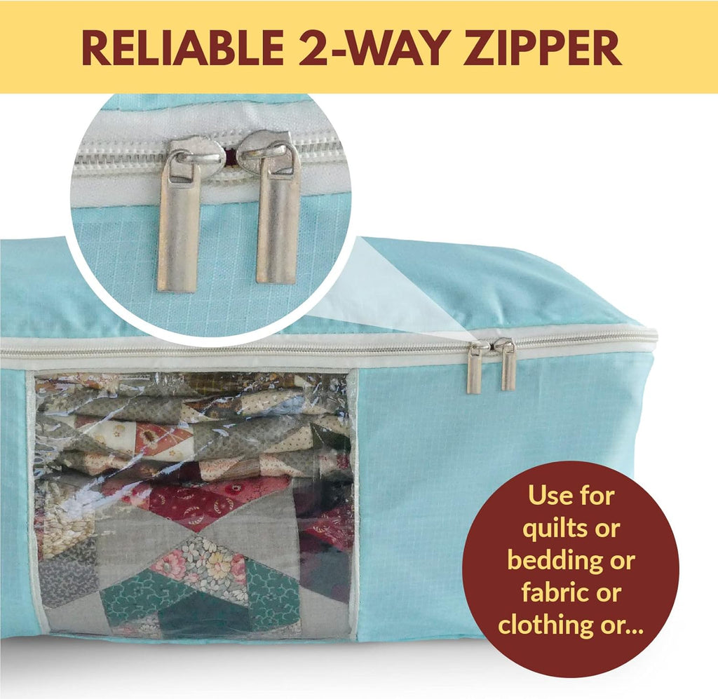 Madam Sew Quilt Blanket Storage Bag|Blanket Organizer|Comforter Storage for Clothes, Quilts, Bedding|Linen Bag Storage with Visible Front Panel, Strong Handles & 2-Way Zipper - Turquoise 22x15x8"