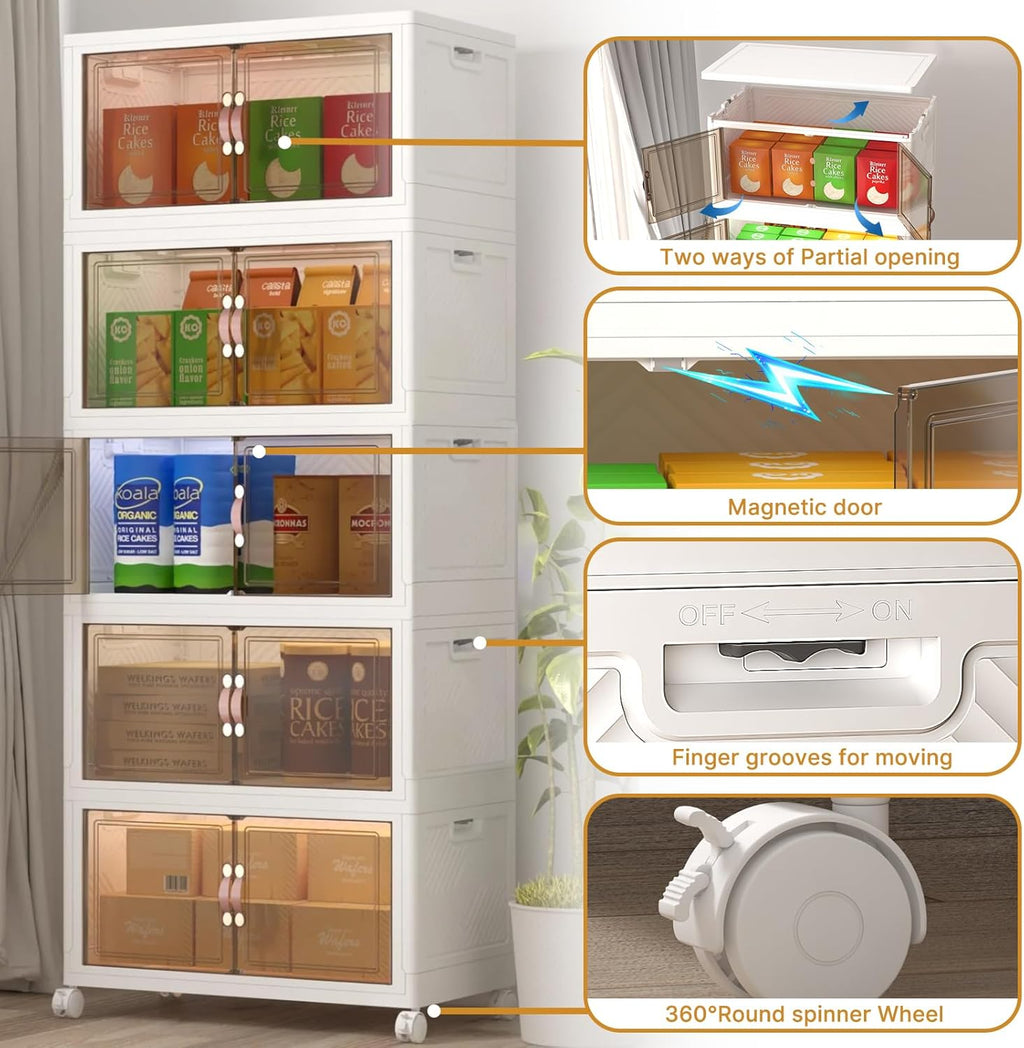 600Qt Stackable Storage Bins with Lids, 5 Pack Large Collapsible Bins with Wheels, Plastic Cabinet with Doors, Foldable Closet Organizers and Storage for Home, Dorm, Office, White