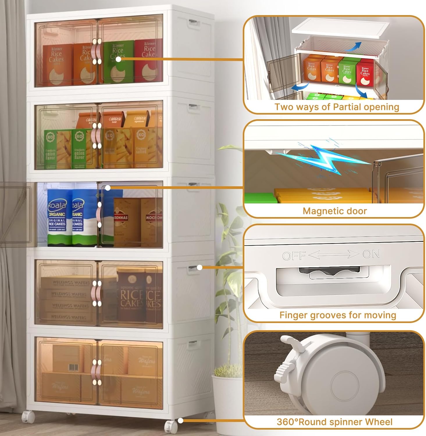 Extra Large Stackable Storage Bins with Lids & Wheels, Foldable Collapsible Closet Organizers Storage Cabinet with Doors for Bedroom Dorm (White, 220QT-55QT/14GAL*4Pack)