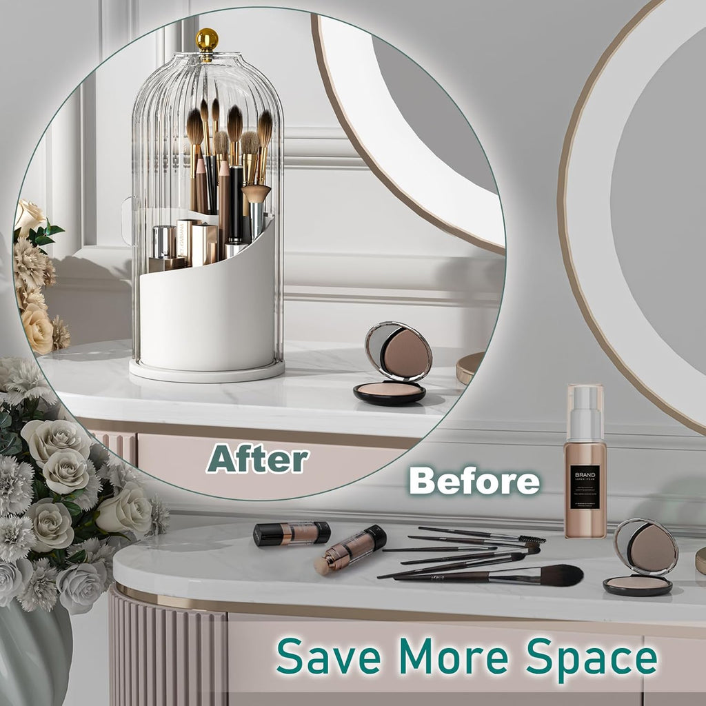 GAXmi Makeup Brush Holder with Lid Cosmetic Tools Organizer 360 Rotating Waterproof Dustproof Beauty Brushes Storage for Vanity, Transparent