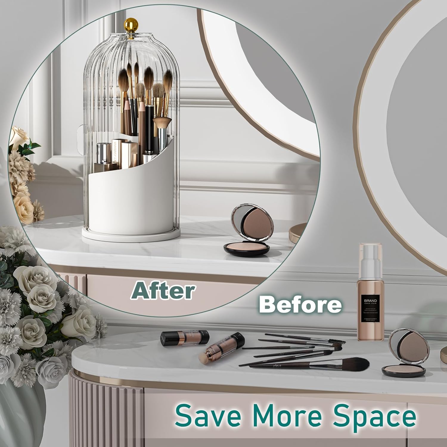 GAXmi Makeup Brush Holder with Lid Cosmetic Tools Organizer 360 Rotating Waterproof Dustproof Makeup Brushes Storage for Vanity, Grey