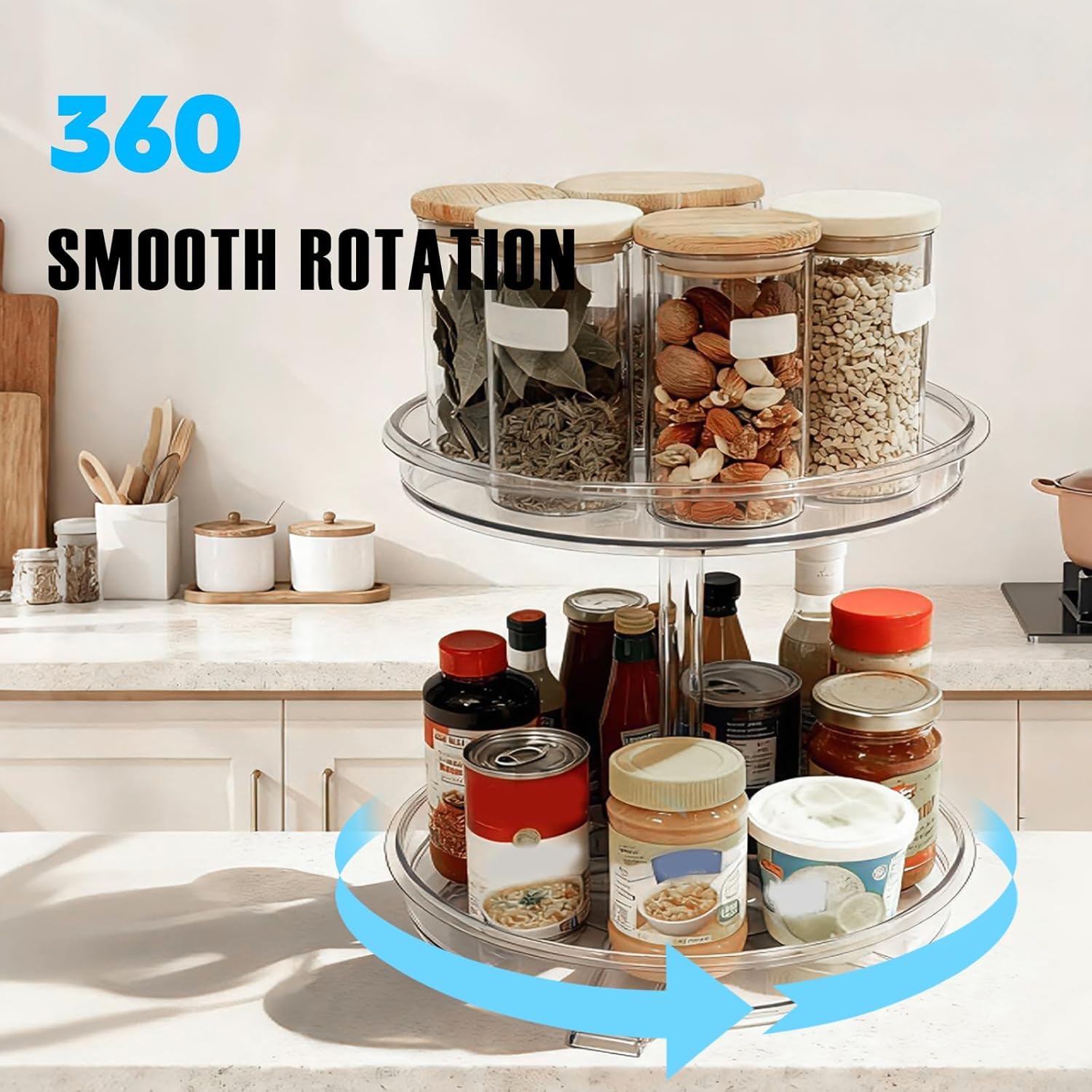 2 Tier Lazy Susan Organizer,9.7 Inch Lazy Susan Turntable for Cabinet,Rotating Spice Rack Organization for Kitchen,Refrigerator, Bathroom, Clear