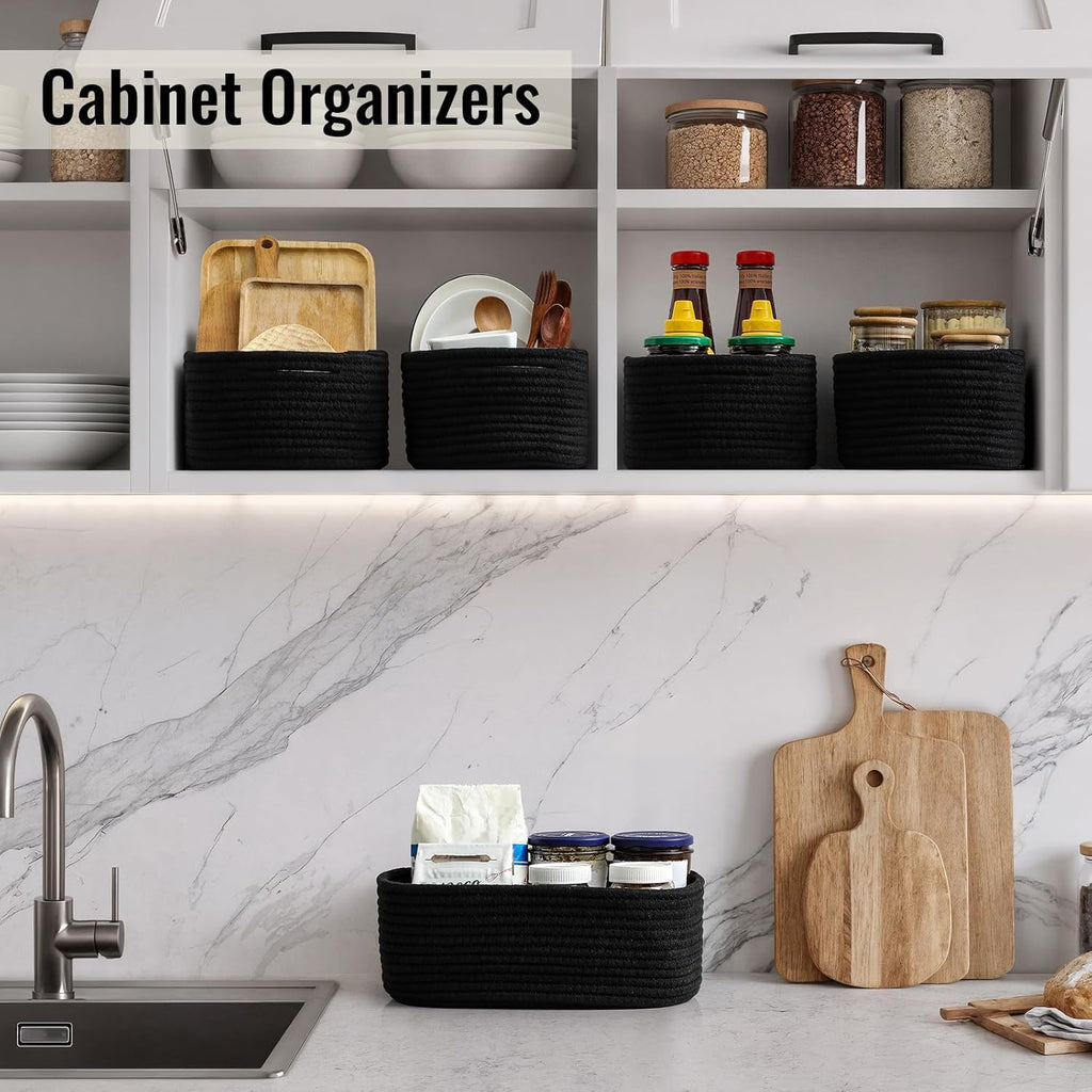 8 Pack Small Storage Baskets for Organizing, Woven Rope Bins for Bathroom, Closet, Shelf Organizer, Cute Cube Decorative Box for Towels, Baby Nursery, Toys, Gift Empty Baskets - 11.5"x7.5"x4.7"-Black