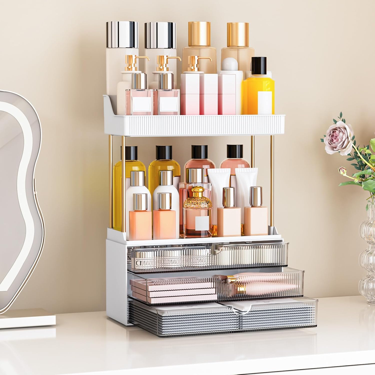 Bathroom Organizers and Storage - 3 Drawers 2 Tier Makeup Organizer, Cosmetic Storage Drawer for Dresser Countertop and Bathroom Vanity for Large Skincare, Perfume, Grey