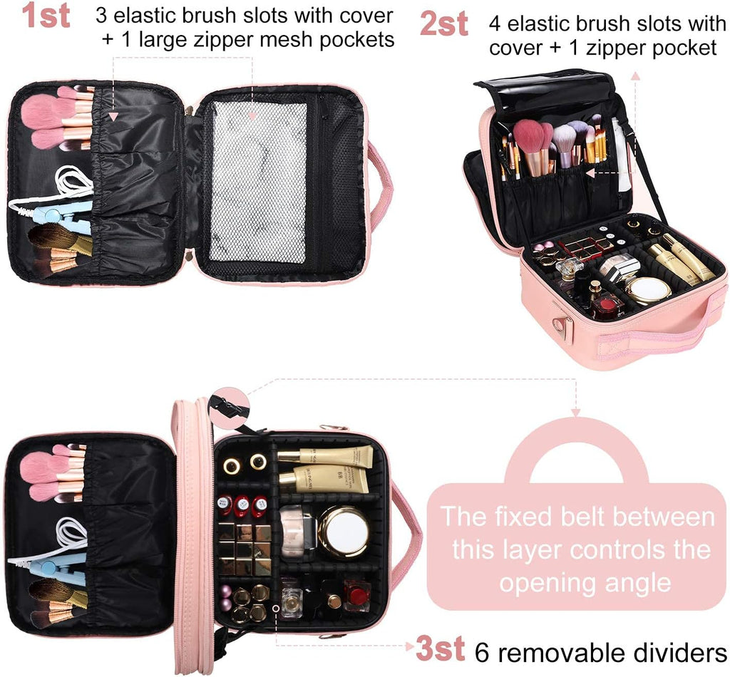 JOURMON Travel Makeup Bag Portable Cosmetic Train Case Organizer Artist Storage Bag with Adjustable Dividers for Cosmetics Makeup Brushes Toiletry Jewelry Digital Accessories(Cute Pink,S)