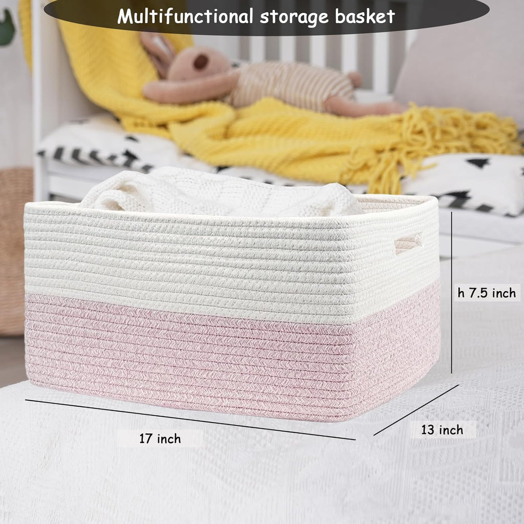 COMFY-HOMI 3 pcs Large Storage Baskets for Shelves, Laundry Basket, Woven Rope Basket, Closet Organizer Bins for Clothes Blanket Towels, Baby Nursery, Gift Toy Baskets, 17” x 13” x 7.5”-White/Pink