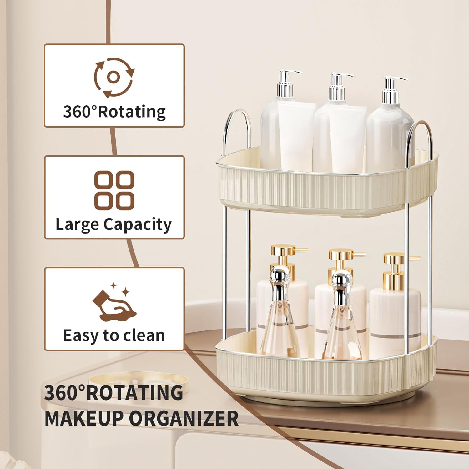 YCIA&DONE 360 Rotating Makeup Organizer for Vanity, 2 Tiers New Square Shaped Cosmetics Skincare Bathroom Organizers Countertop, Perfume Stand Counter Tray, Warm White