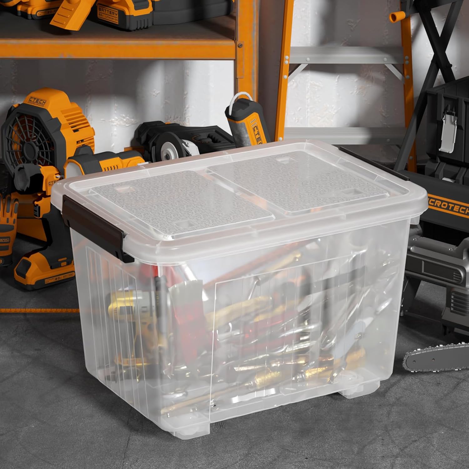 Obstnny 50 L Clear Plastic Storage Bins with Wheels, Large Lidded Organizer Boxes, 4 Pack