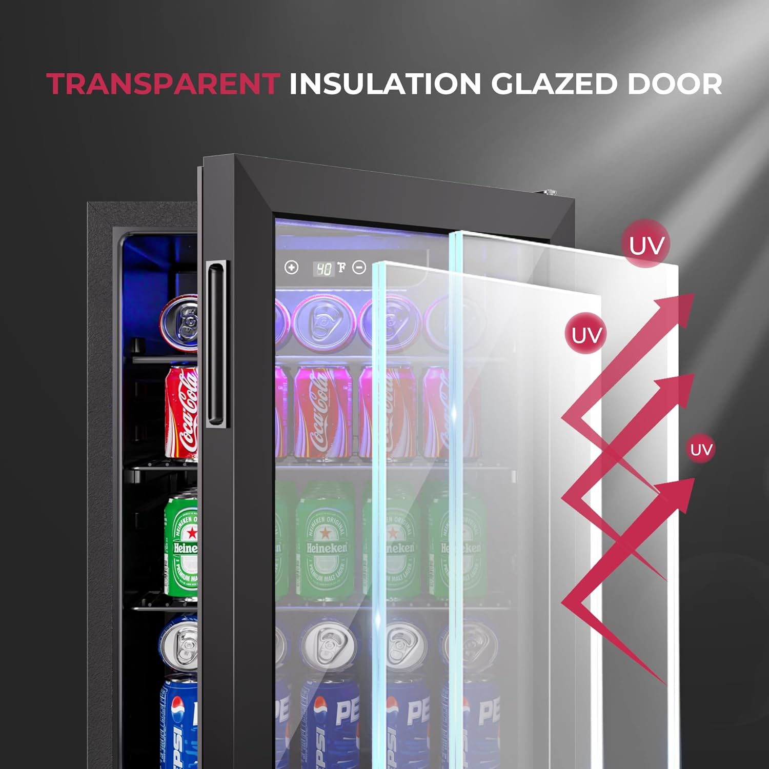 100 Can Beverage Refrigerator Cooler, 2.7 cu.ft Mini Fridge Glass Door for Beer Drinks Wines, Freestanding Beverage Fridge with Adjustable Shelves Blue LED for Home/Office/Dorm/Bar, Black