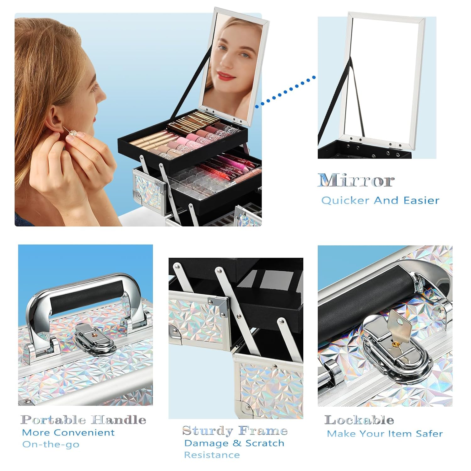 Joligrace Makeup Train Case Makeup Case Organizer Portable Cosmetic Box Storage with 2 Trays Mirror Locking with Keys Make Up Travel Case Nail Kits Traveling Makeup Box Shiny Silver