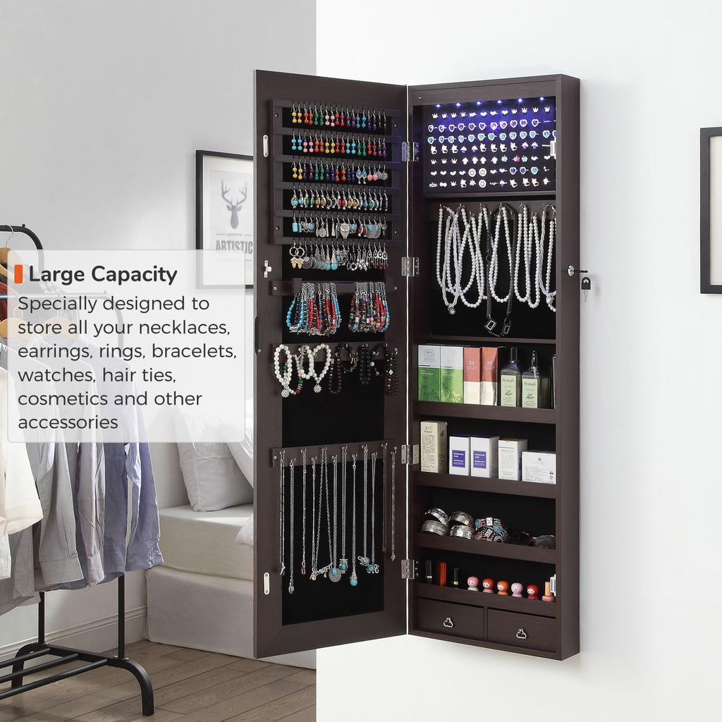GISSAR Full Length Mirror Jewelry Cabinet, 6 LEDs Jewelry Armoire Wall Mounted Over The Door Hanging, Jewelry Organizer Storage with Lights Lockable, Brown, 14.6" x 47.2"