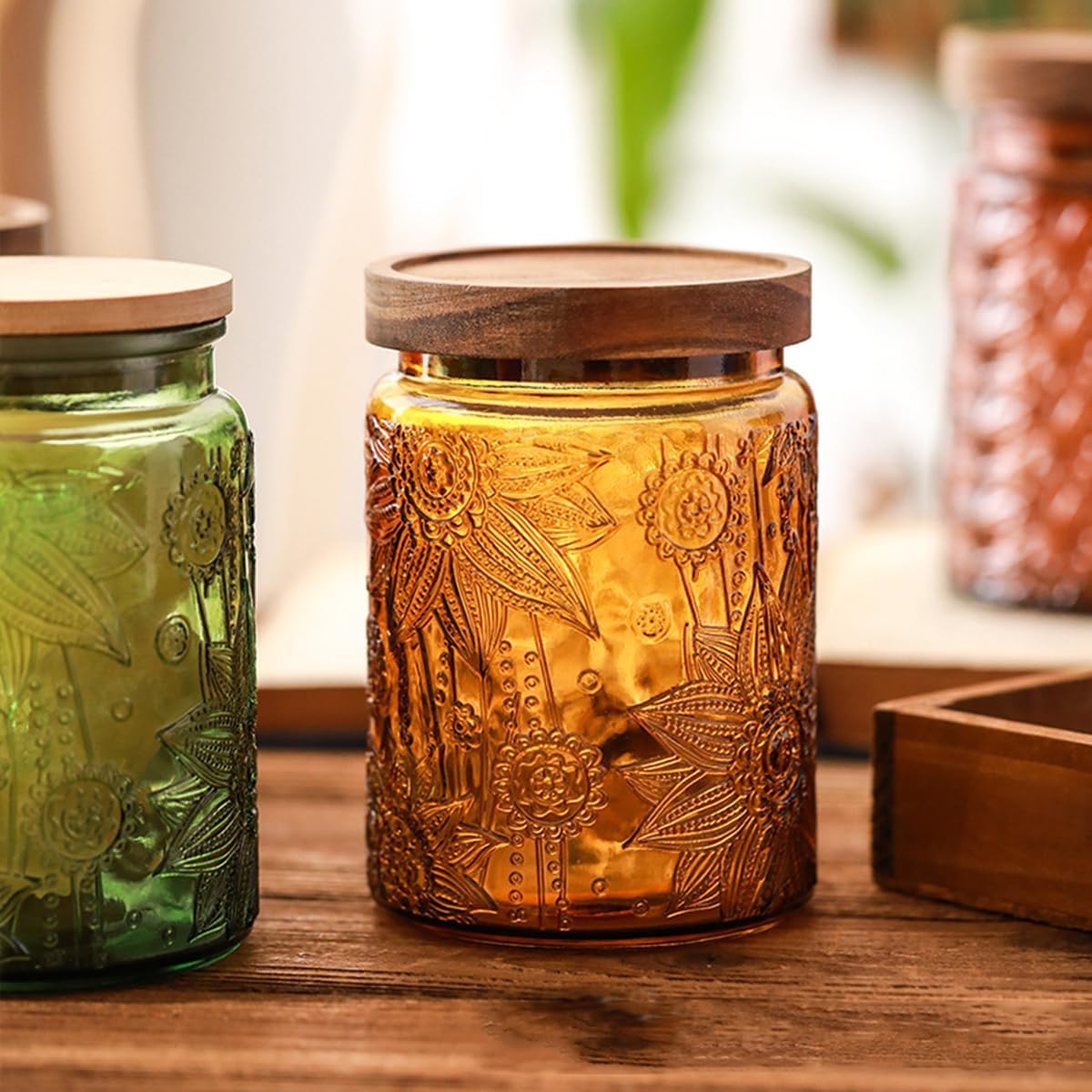 ANSQU Vintage 23.7oz Glass Jar with Solid Wood Lid - Airtight Storage for Loose Tea, Coffee, Candy, Cookies, Laundry Detergent - Decorative Kitchen Jar, Cute & Functional (Yellow, 1 Pack)