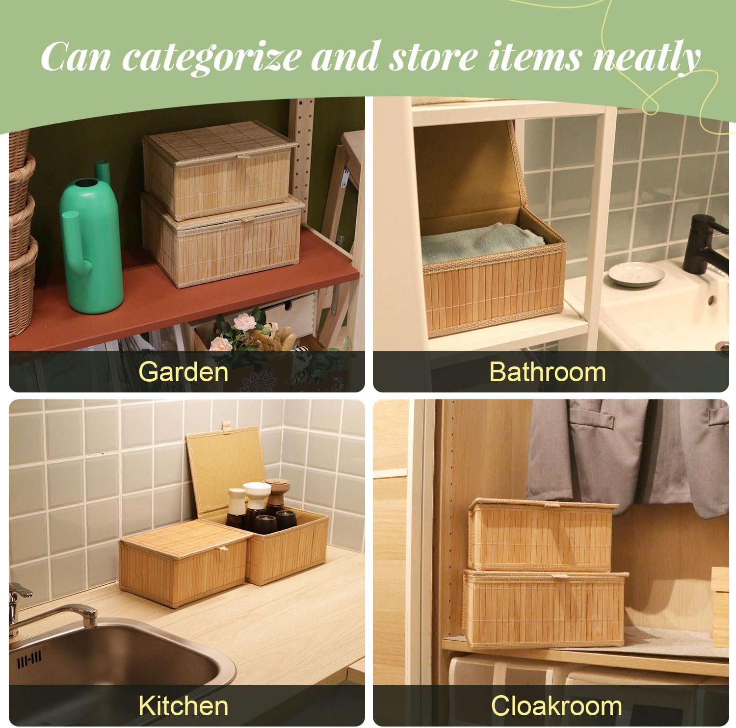 Wicker Basket With Lid Bamboo Storage Box for Shelf Bamboo Decor Storage Boxes With Lids-Rectangle Decorative Basket With Lid Organizer for Bedroom,Living Room (Set of 4,natural)