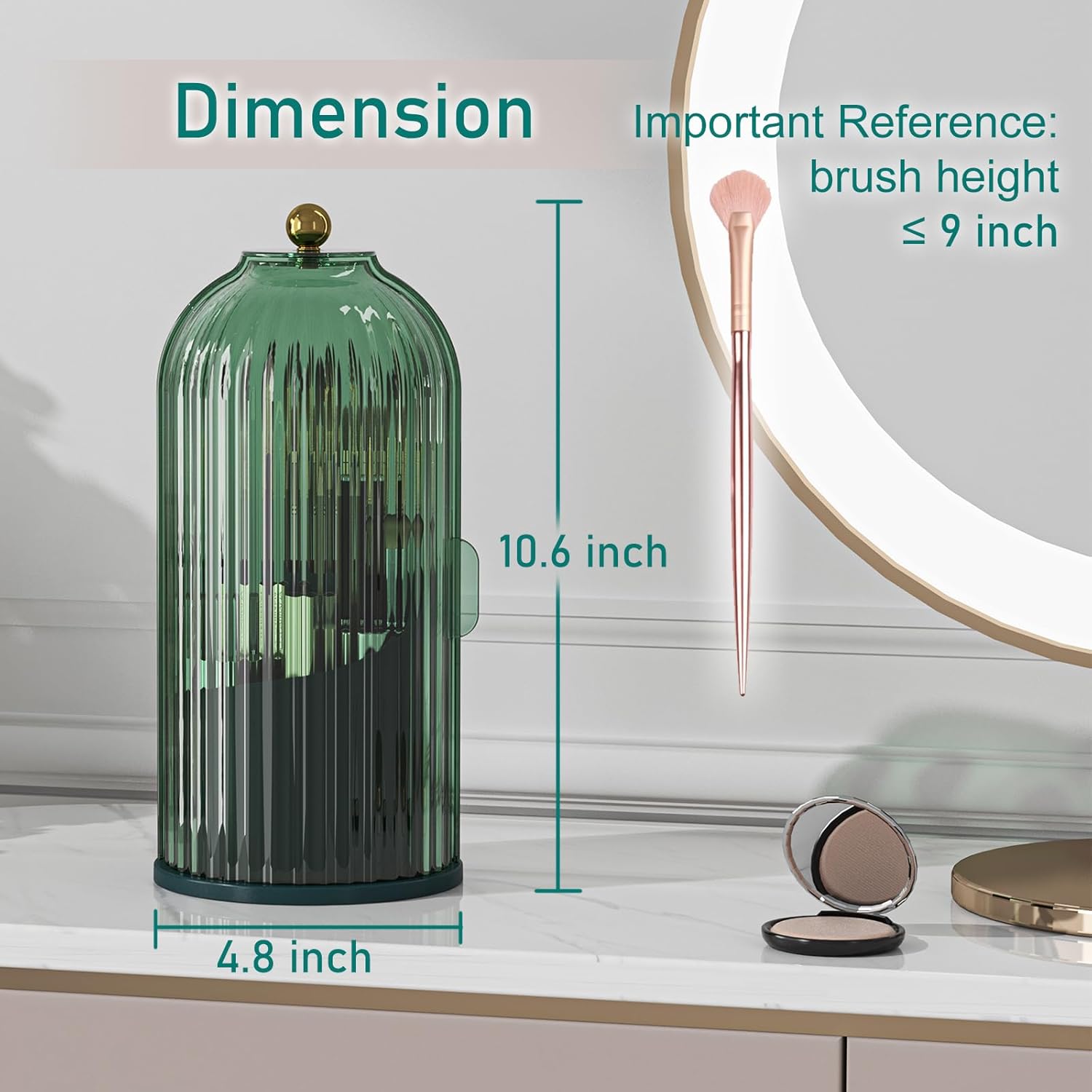 GAXmi Makeup Brush Holder with Lid Cosmetic Tools Organizer 360 Rotating Waterproof Dustproof Beauty Brushes Storage for Vanity, All Green