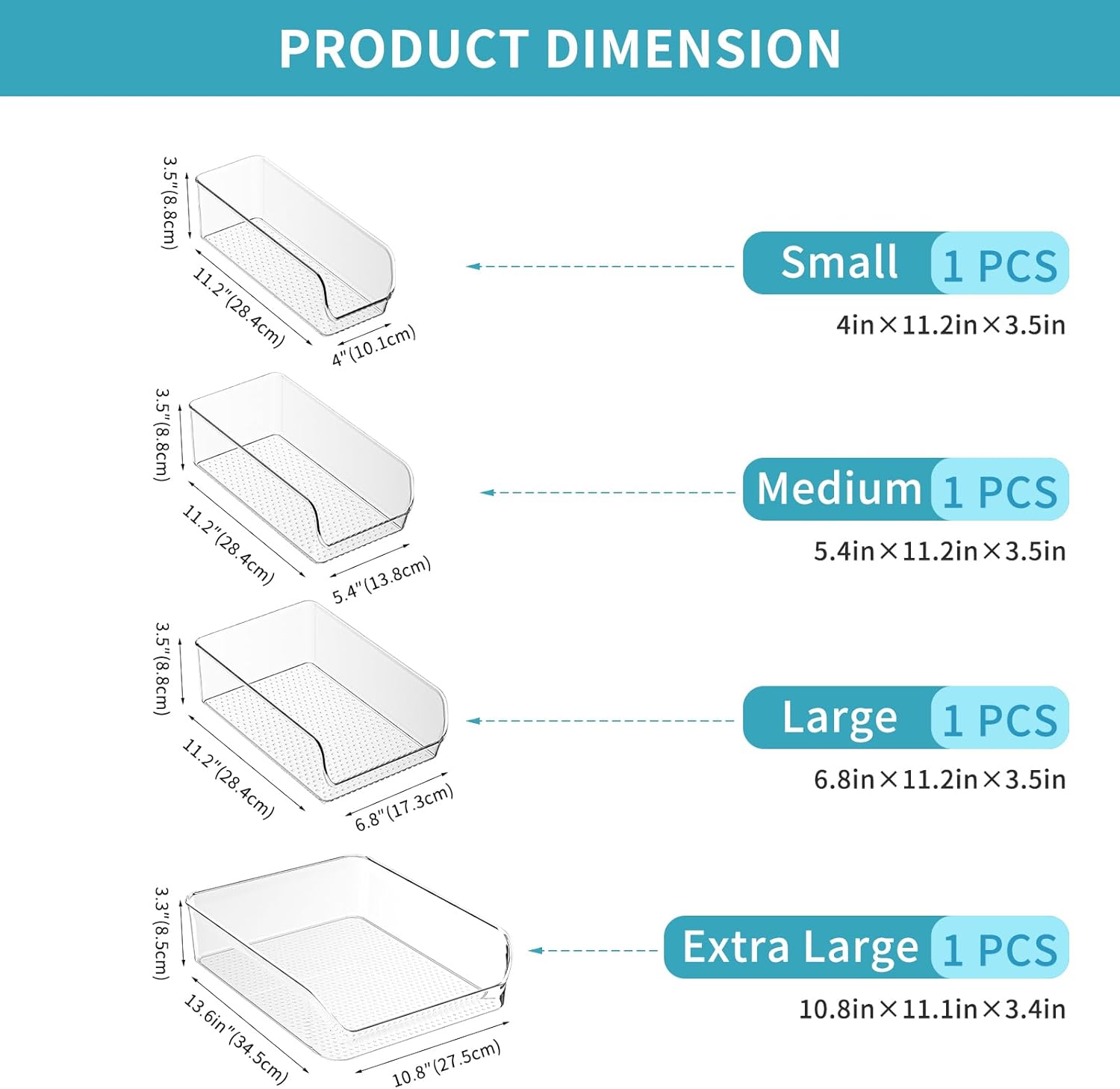 Ettori Set of 4 Clear Storage Bins for Fridge & Cabinet Organization, BPA-Free Plastic Food Organizers to Instantly Declutter Your Kitchen