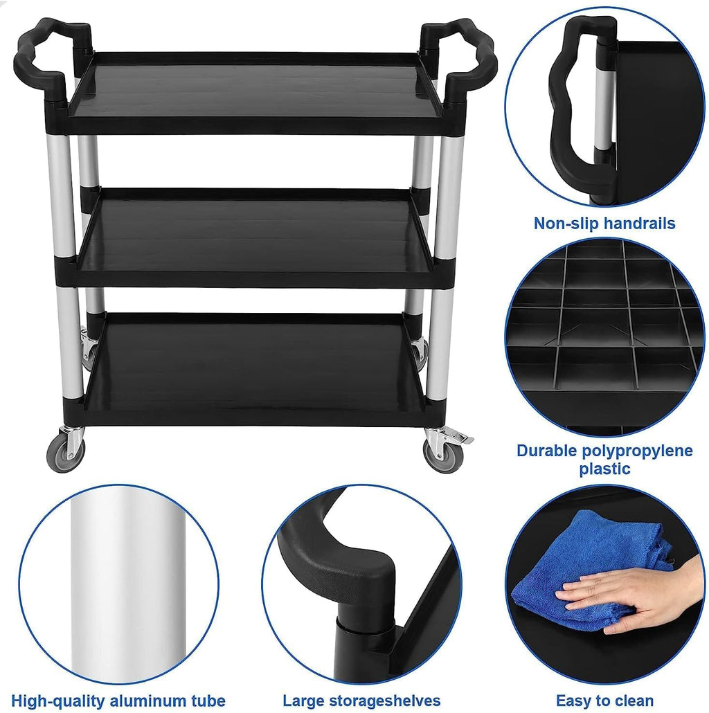 3-Shelf Service Cart，42" Wx20 Dx39 H，360 Lbs Heavy Duty Utility Cart ，Rolling Cart with Lockable 360° Swivel Wheels for Foodservice, Restaurant & Cleaning，Black
