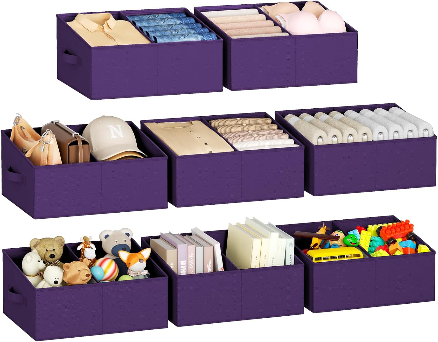 DIMJ Large Closet Shelf Organizer Bins 8 Packs with Handles and Divider, Fabric Trapezoid Storage Baskets, Foldable Clothes Containers Box for Shelf, Towel, Book, Toy, Purse, Hats, Purple