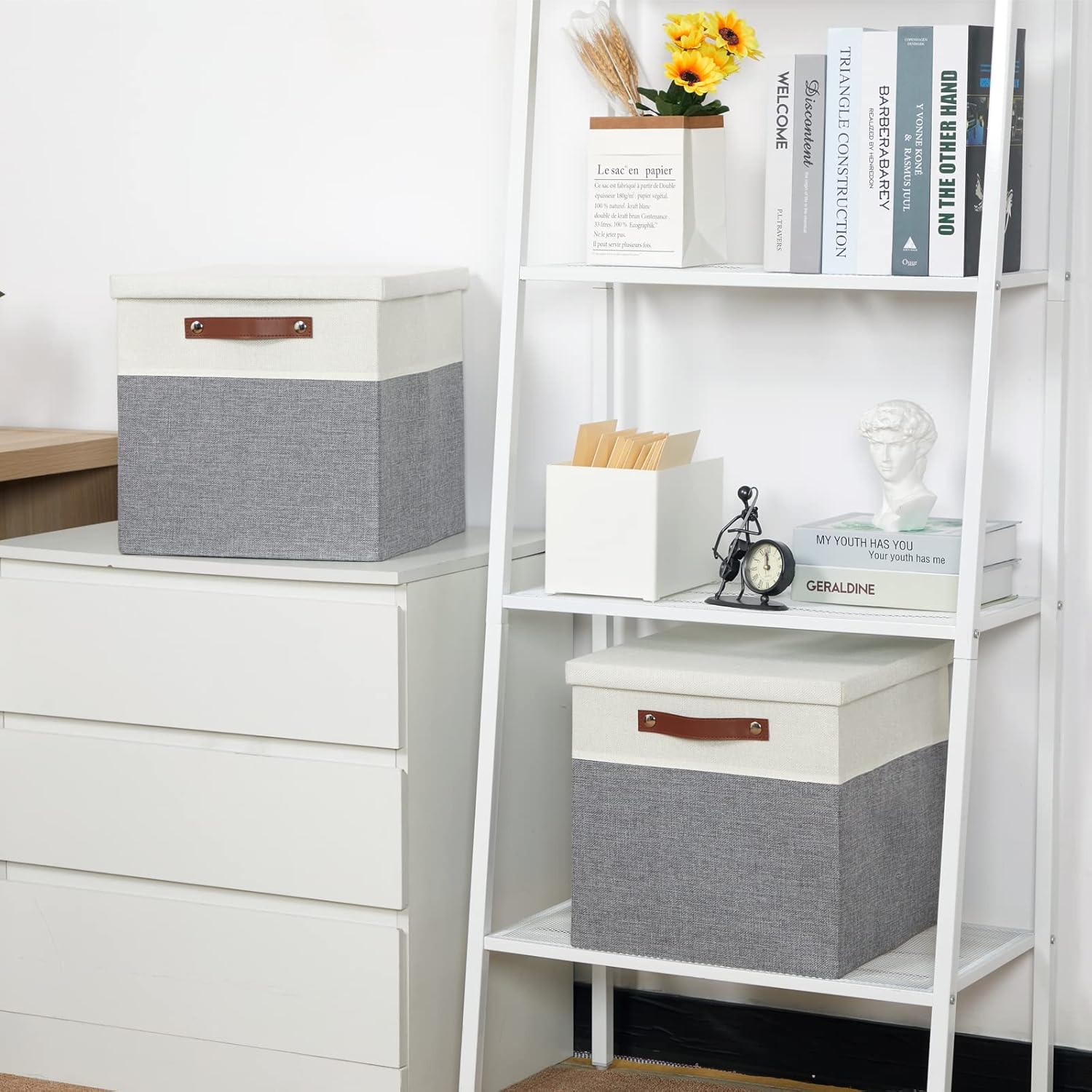 Temary Cube Storage Bins with Lids for Organizing Clothes, [2-Pack] Foldable Storage Boxes with Handles, Closet Storage Baskets for Living Room (White&Gray, 13x13x13inch)