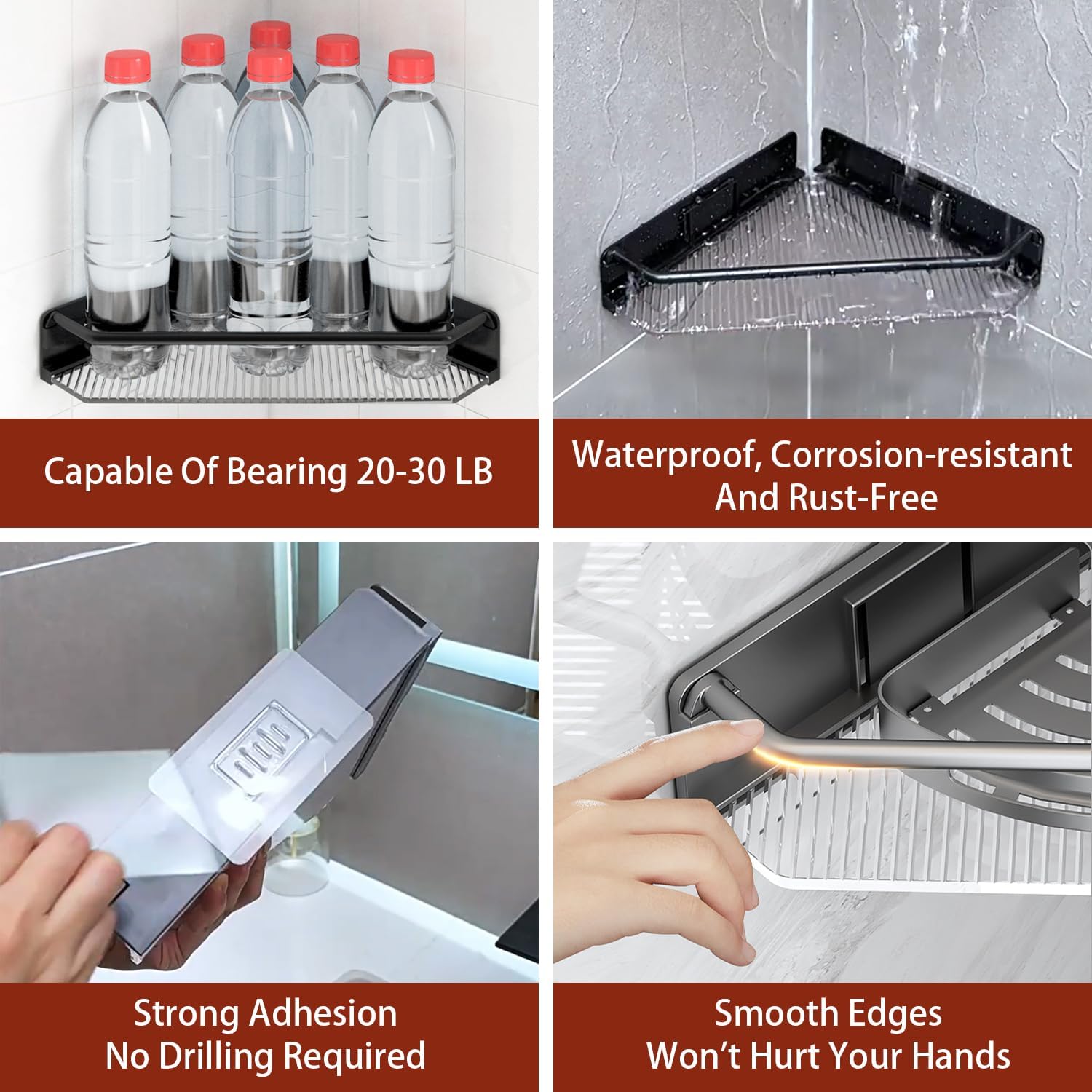 Corner Shower Caddy, 2 Pack Adhesive Bathroom Shelves，Acrylic Shower Shelf Rack, No Drilling Bathroom Organizers and Storage Racks,Black