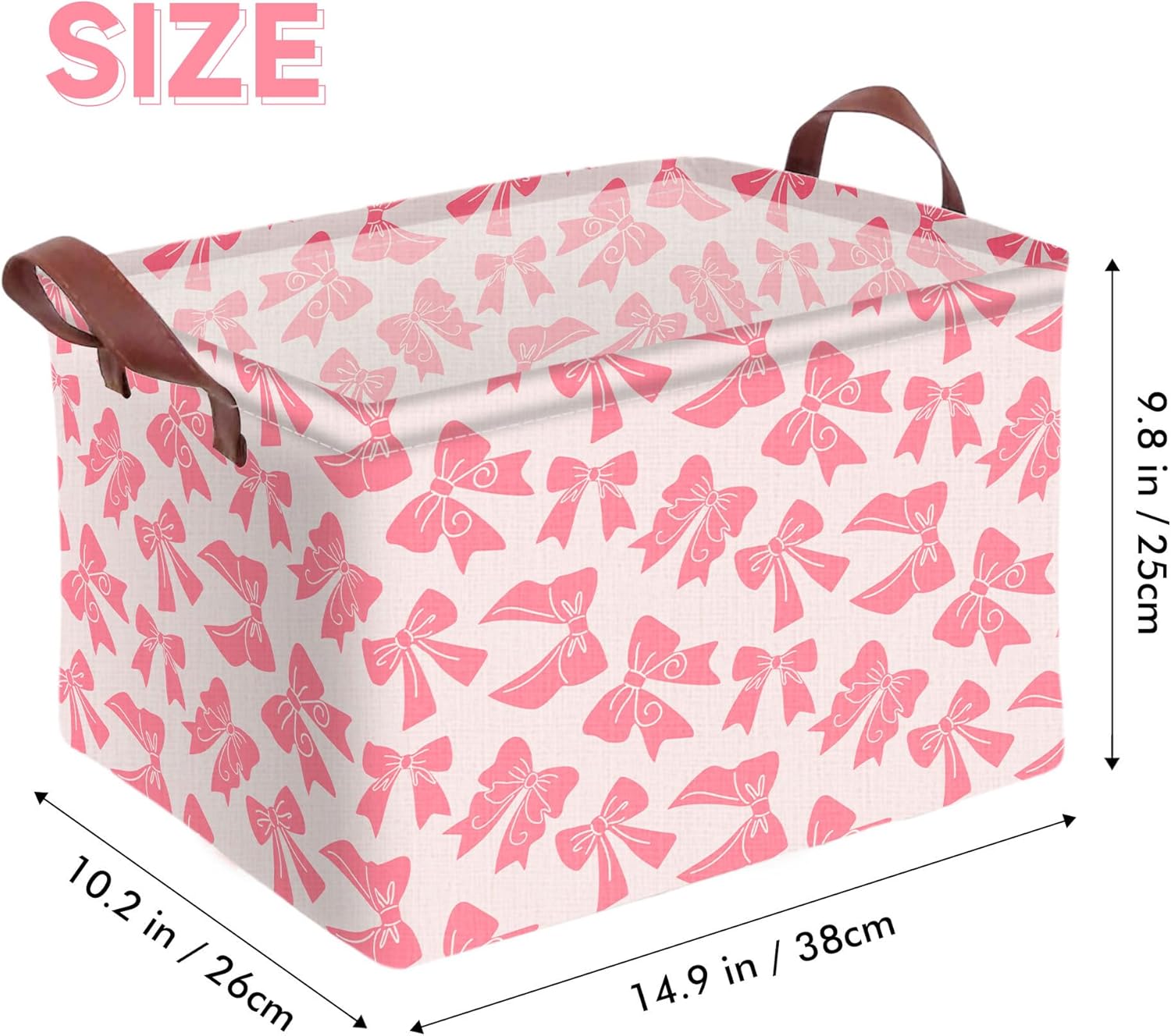 Pink Bow Storage Basket Waterproof Canvas Toy Storage Bin Bow Room Decor Collapsible Outdoor Basket with Leather Handles Coquette Room Decor Blanket Baskets For Closets,Bedrooms,Gifts Baskets