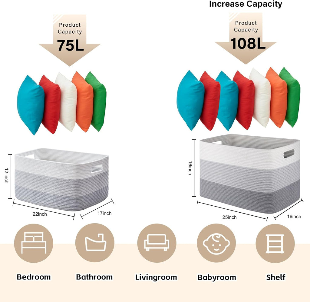 OIAHOMY 108L Large Cotton Rope Basket, Rectangle Woven Baskets for Storage, Nursery Blanket Storage Living Room, Toy Basket With Handle-25”x16”x16”-Gradient Grey