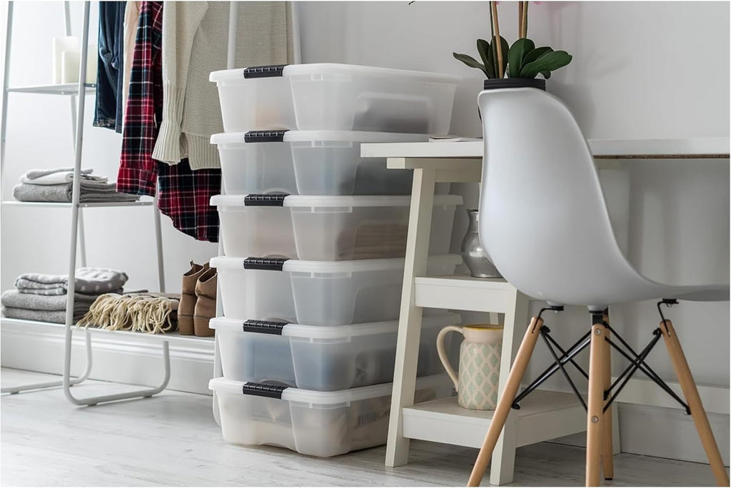 IRIS USA 27 Qt Stackable Plastic Storage Bins with Lids, 6 Pack - BPA-Free, Made in USA - Discreet Organizing Solution, Latches, Durable Nestable Containers, Secure Pull Handle - Pearl