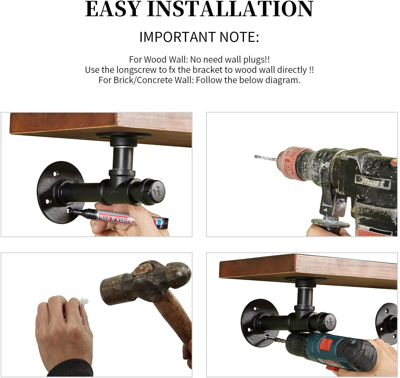 Industrial Pipe Shelf Bracket 6.7",Iron L Pipe Shelving Wall Floating Shelf Bracket for 6-12" Board,Industrial Pipe Shelves Heavy Duty Black Metal Pipe Clothing Rack 6 Pack, Include Accessories