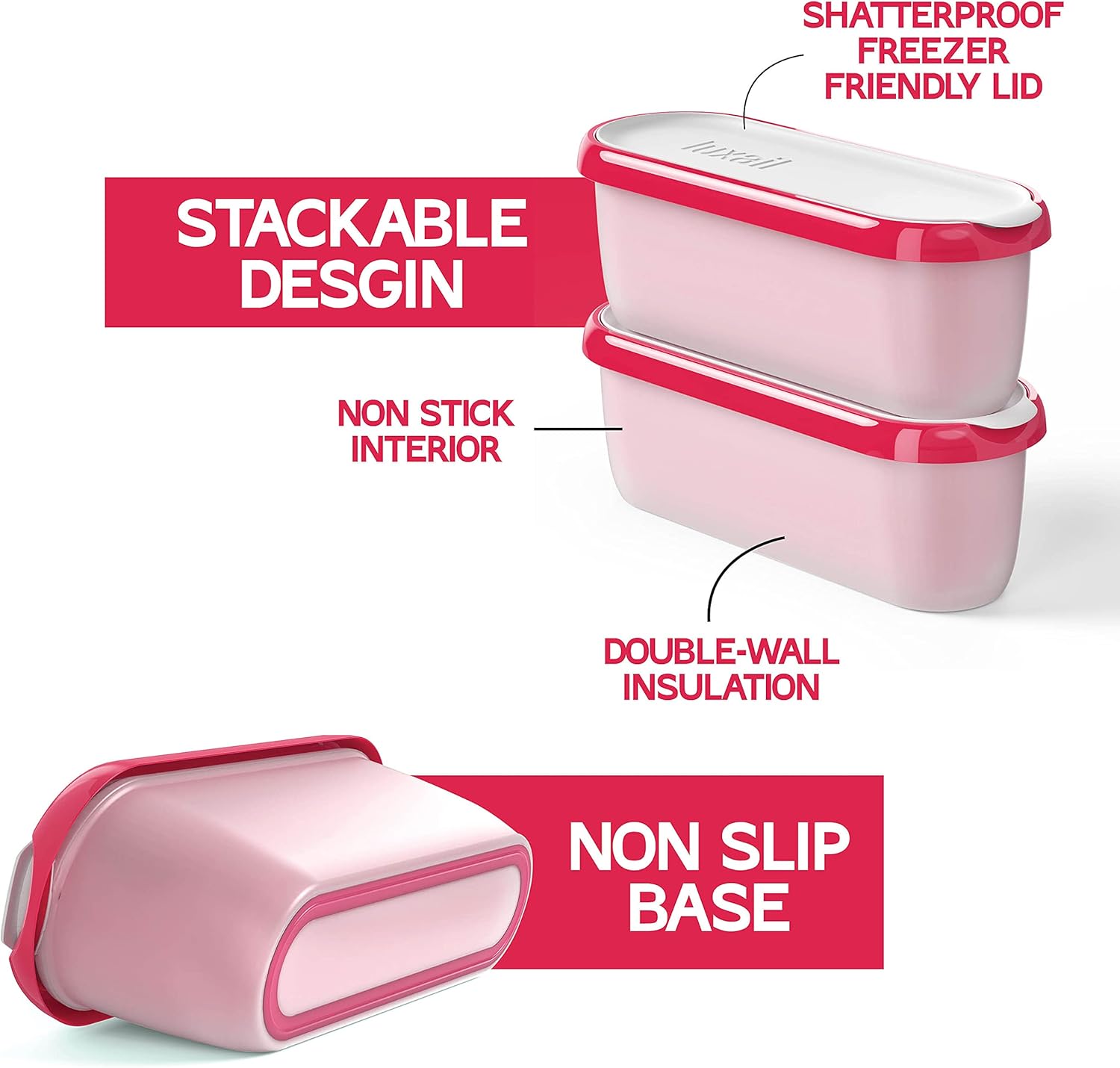 Ice Cream containers for homemade ice cream, Reusable Storage Freezer ice cream Container With Lids,2 Pack, BPA FREE, Dishwasher Safe Tub. Double Insulated, 1.5 Quart, Red and Burgundy , Non Slip