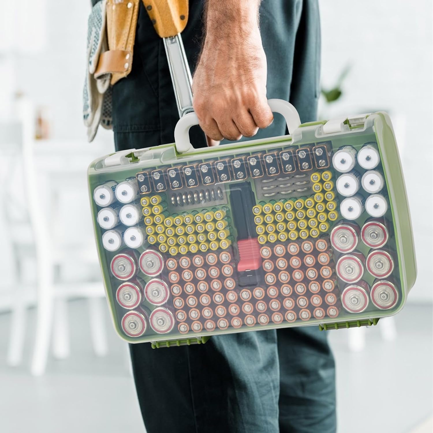 Battery Organizer Storage Holder Case with Double-Sided, Garage Box with Tester Checker. Batteries Container for 269pcs AA AAA AAAA 3A 4A 9V C D Lithium 4LR44 CR2 CR123A CR1632 CR2032 18650 -Green