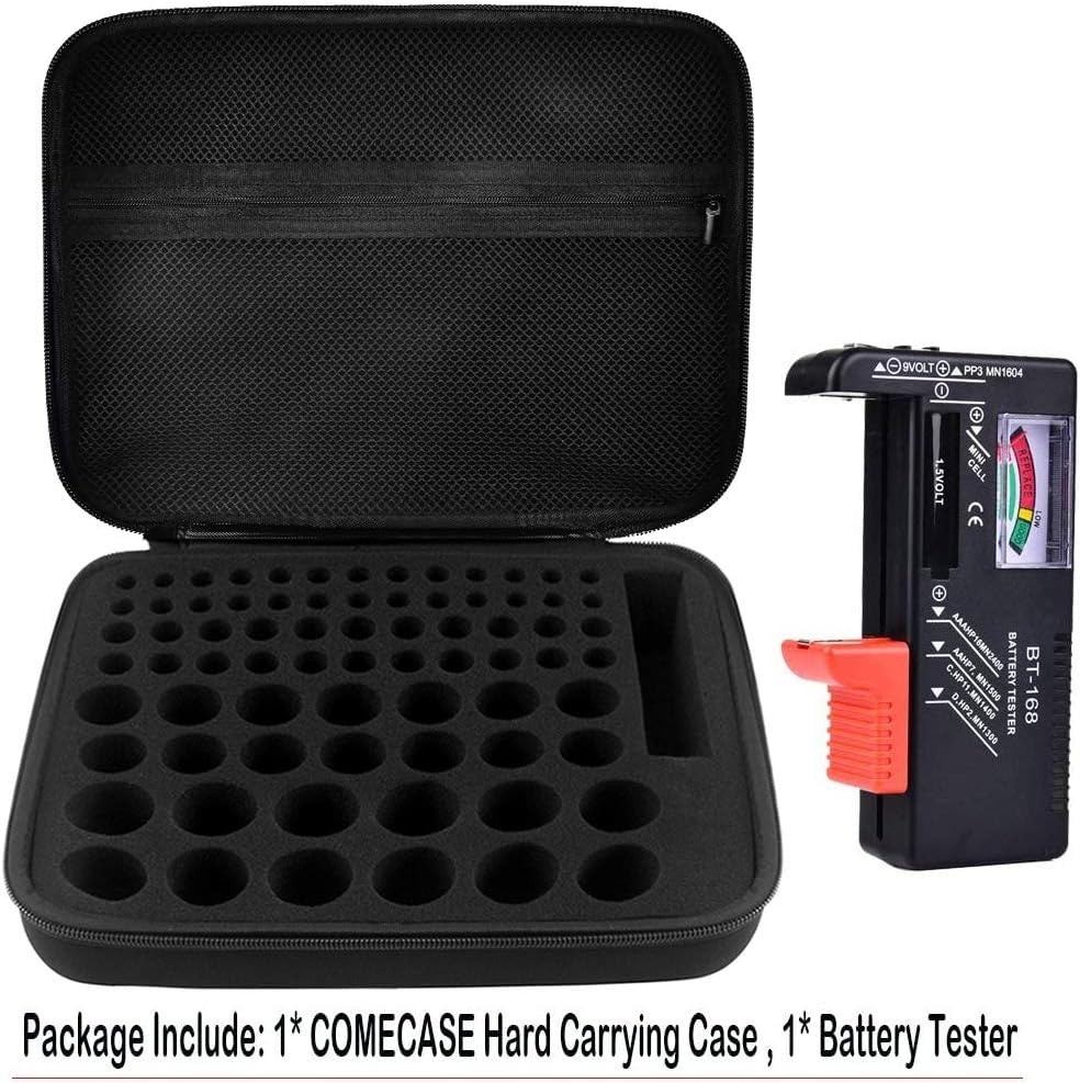 Comecase Hard Battery Organizer Storage Box Carrying Case Bag - Holds 80 Batteries AA AAA C D - - with Battery Tester BT-168 (Bag Only)