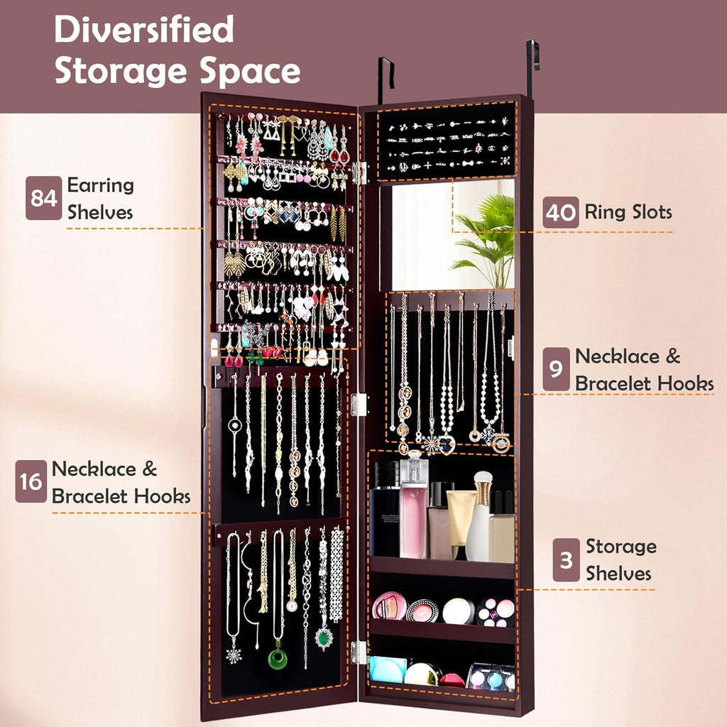 HAPPYGRILL Wall Mounted Jewelry Cabinet with Full Length Mirror, Over The Door Jewelry Organizer w/Built-in Makeup Mirror, Storage Shelves, Door Mounted Jewelry Armoire for Women, Girls (Brown)