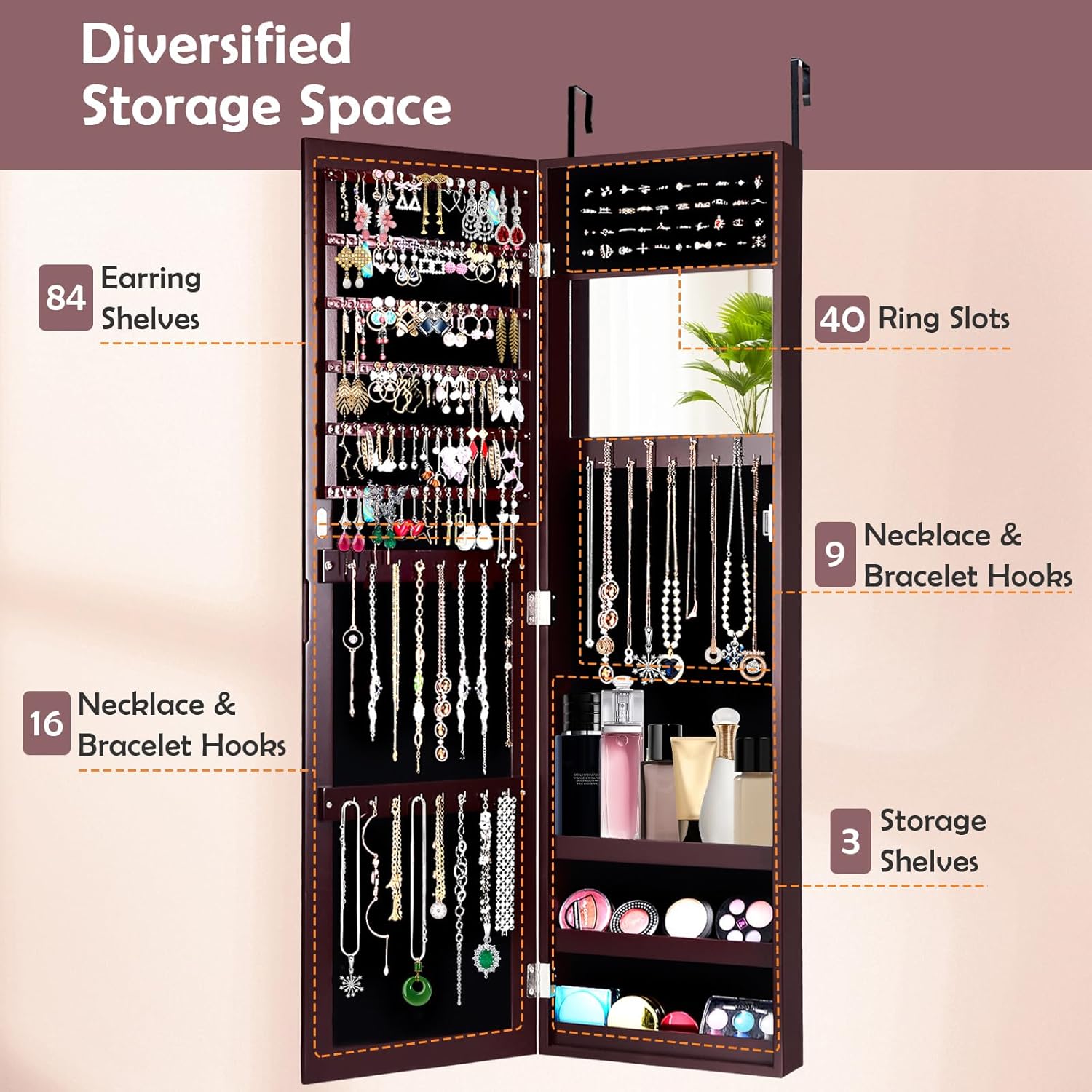 HAPPYGRILL Wall Mounted Jewelry Cabinet with Full Length Mirror, Over The Door Jewelry Organizer w/Built-in Makeup Mirror, Storage Shelves, Door Mounted Jewelry Armoire for Women, Girls (Brown)