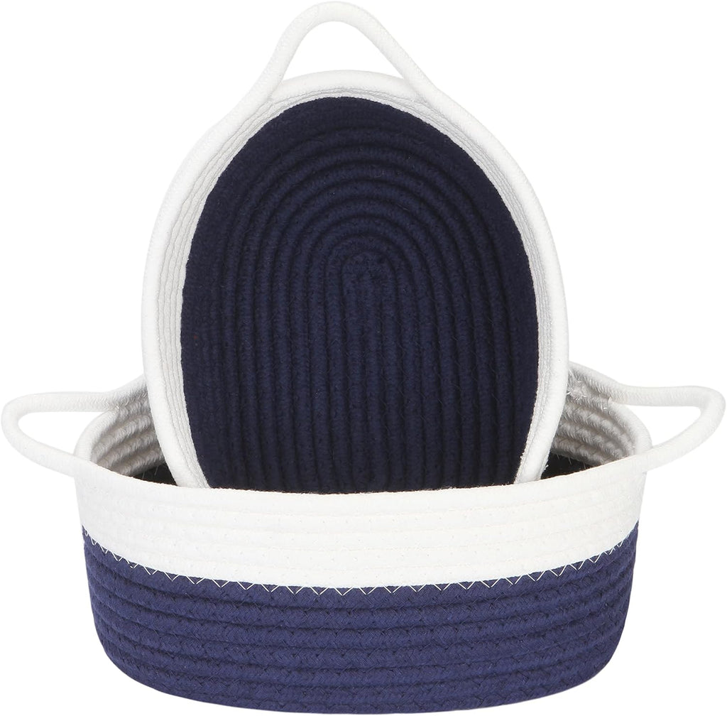 Sea Team 2-Pack Cotton Rope Baskets, 10 x 7 x 4 Inches Small Woven Storage Basket, Fabric Tray, Bowl, Oval Open Dish for Fruits, Jewelry, Keys, Sewing Kits (Dark Blue & White)