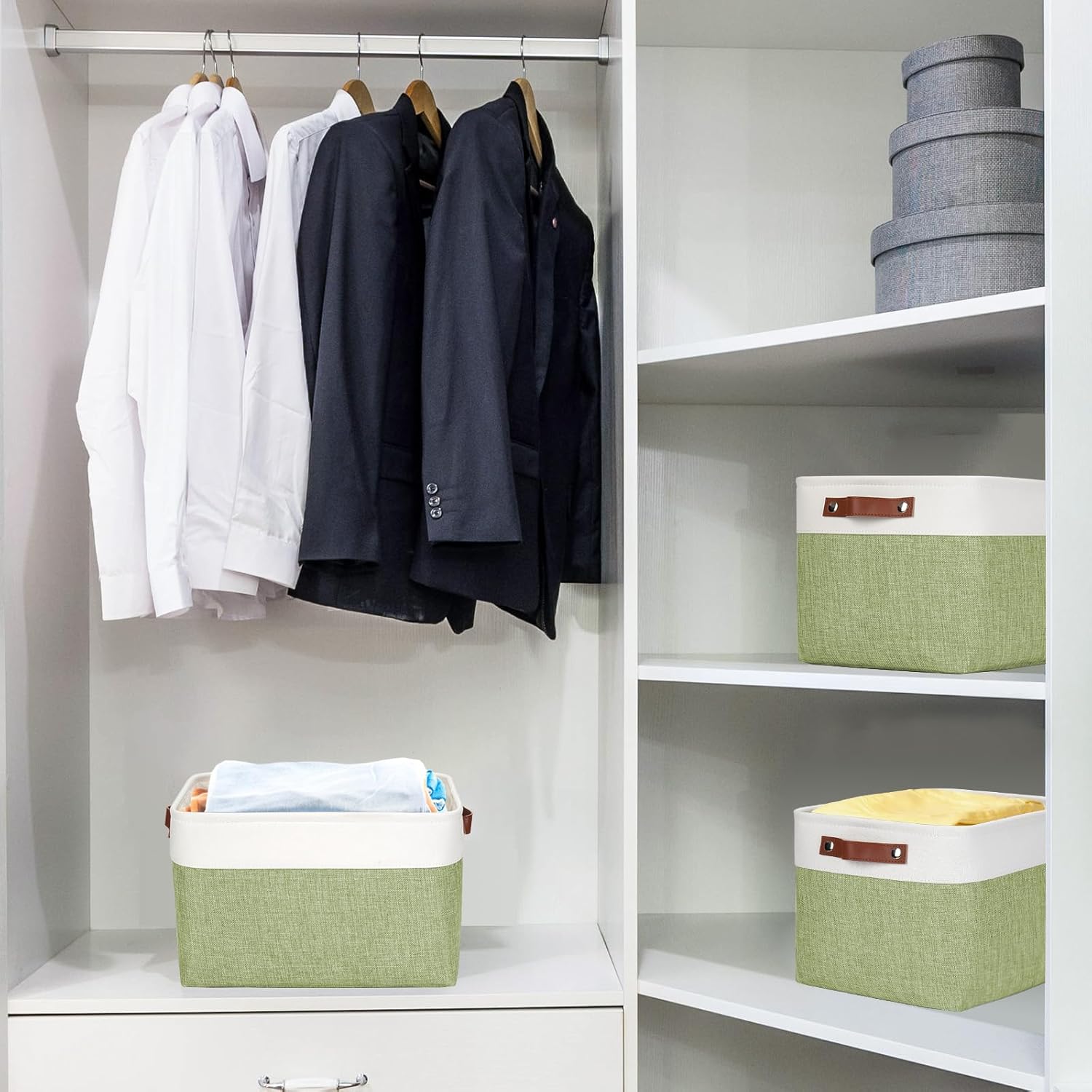 Storage Bins Large Fabric Storage Baskets for Shelves 3 Pack, Decorative Linen Closet Baskets with Handles for Organizing, Shelf, Clothes, Home, Office, 15x11x9.5Inches (Green&White)