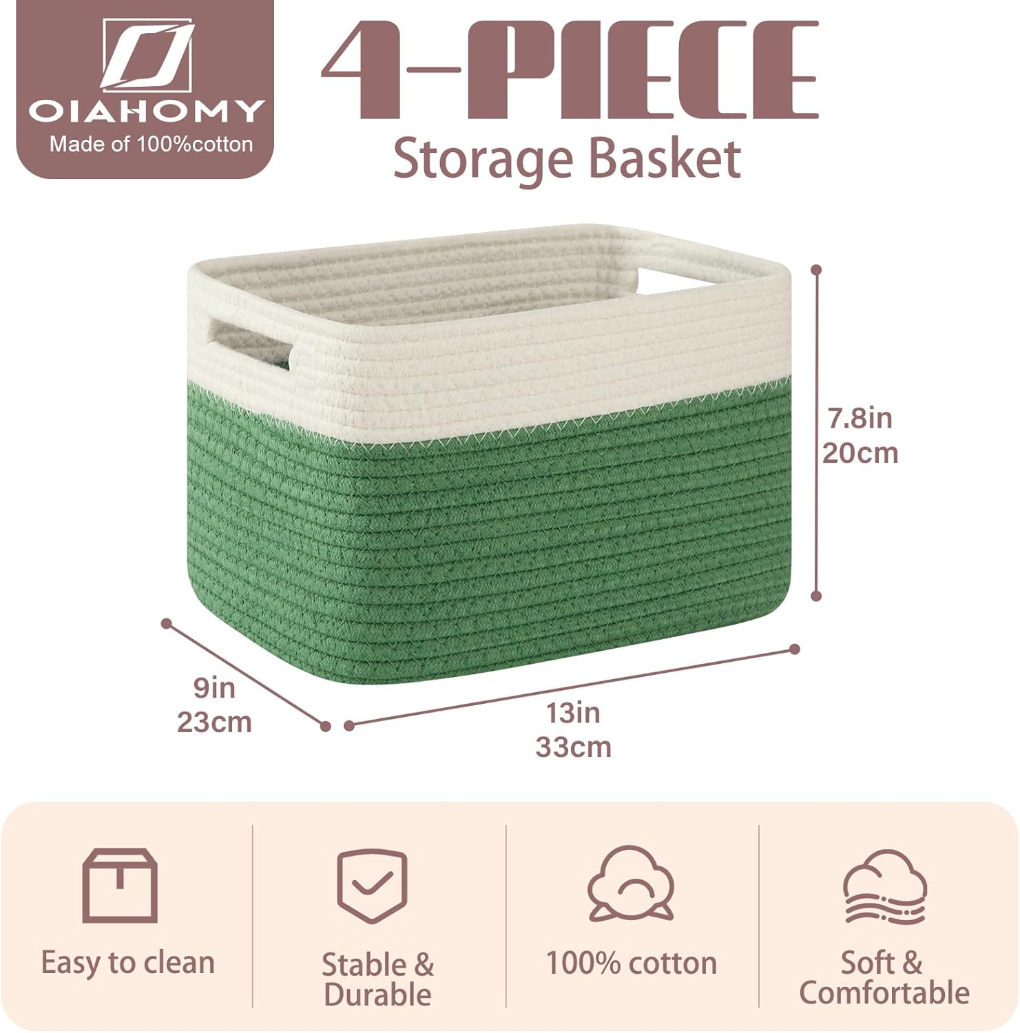 OIAHOMY 4 Pack Storage Baskets for Organizing, Basket for Shelves with Handle, Woven Baskets for Storage Toys, Towels, Books, Cotton Rope Basket 13" L x 9 " W x 7.8 " H, Olive Green & White