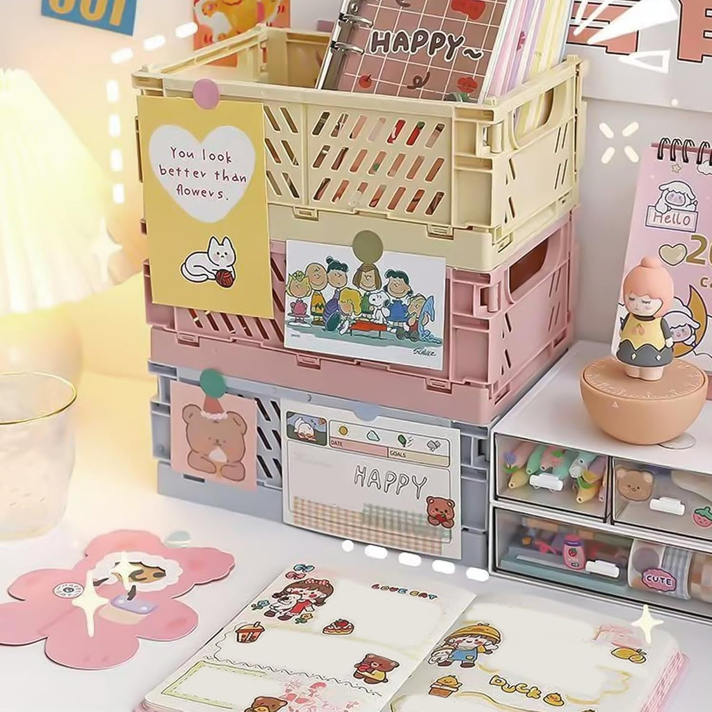 Small Pastel Plastic Storage Bins 2Pcs Foldable Pastel Crates Plastic Basket Colorful Storage Containers Baskets for Classroom Kitchen Office Bedroom Desktop Home Decor (Blue 5.8" x 3.8" x 2.2")