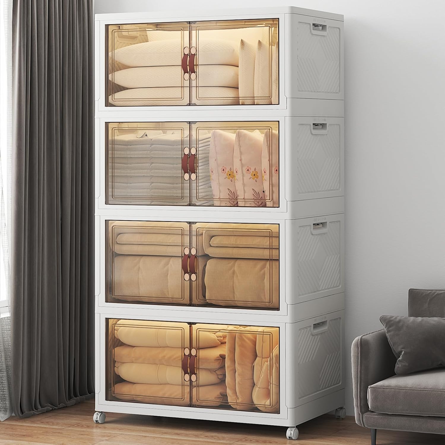 640Qt Stackable Storage Bins with Lids, 4 Pack Large Collapsible Bins with Wheels, Plastic Cabinet with Doors, Foldable Closet Organizers and Storage for Home, Dorm, Office, White