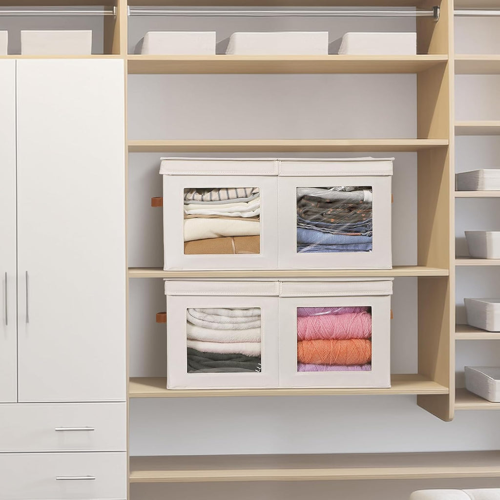 Univivi Large Storage Boxes with Lids, Collapsible Foldable Storage Bins for Clothes, [2-Pack] Fabric Storage Cubes with Handles, Closet Organizers for Home, Bedroom (Beige, 24” x 17” x 12")