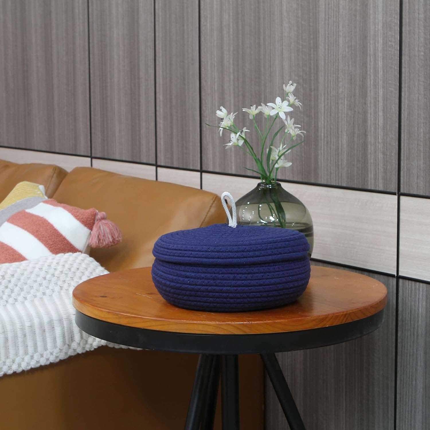 Sea Team Round Cotton Rope Storage Basket with Lid, Decorative Woven Storage Bin, Pot, Caddy, Organizer, Container for Snacks, Towels, Plants, 10 x 4.5 Inches (Small, Shallow, Dark Blue)