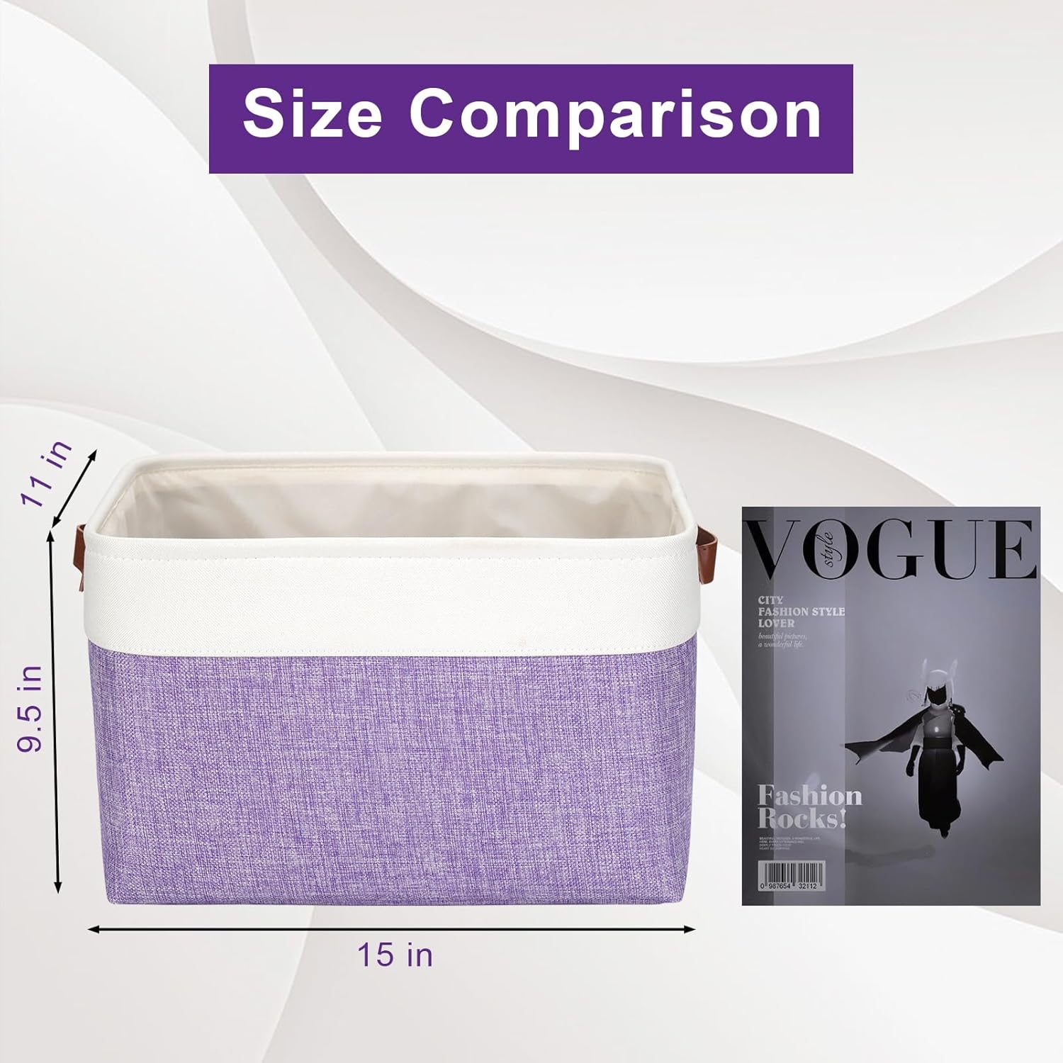 Storage Bins Large Fabric Storage Baskets for Shelves 3 Pack, Decorative Linen Closet Baskets with Handles for Organizing, Shelf, Clothes, Home, Office, 15x11x9.5Inches (Purple&White)