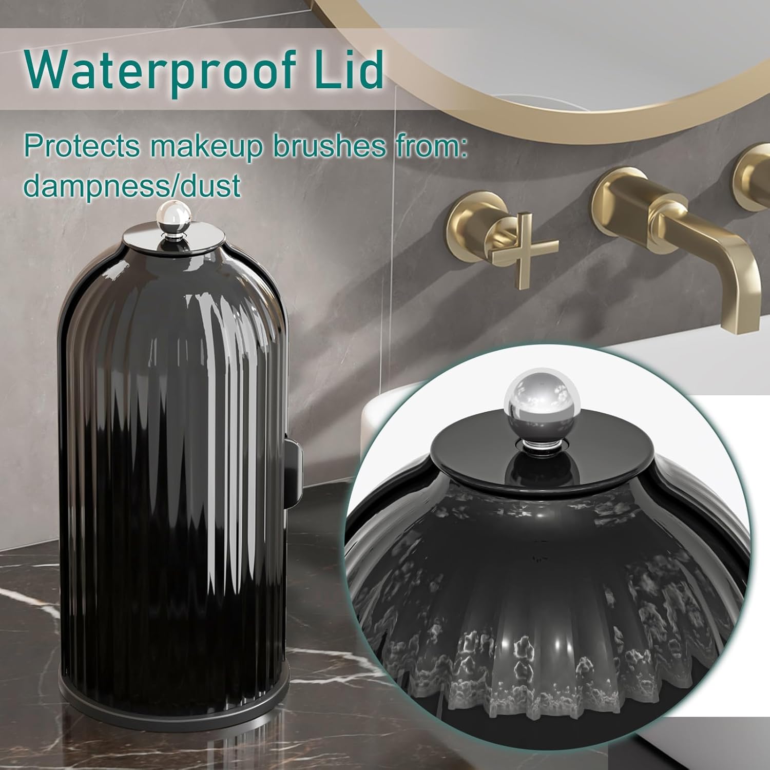 GAXmi Makeup Brush Holder with Lid Cosmetic Tools Organizer 360 Rotating Waterproof Dustproof Beauty Brushes Storage for Vanity, Dark Black