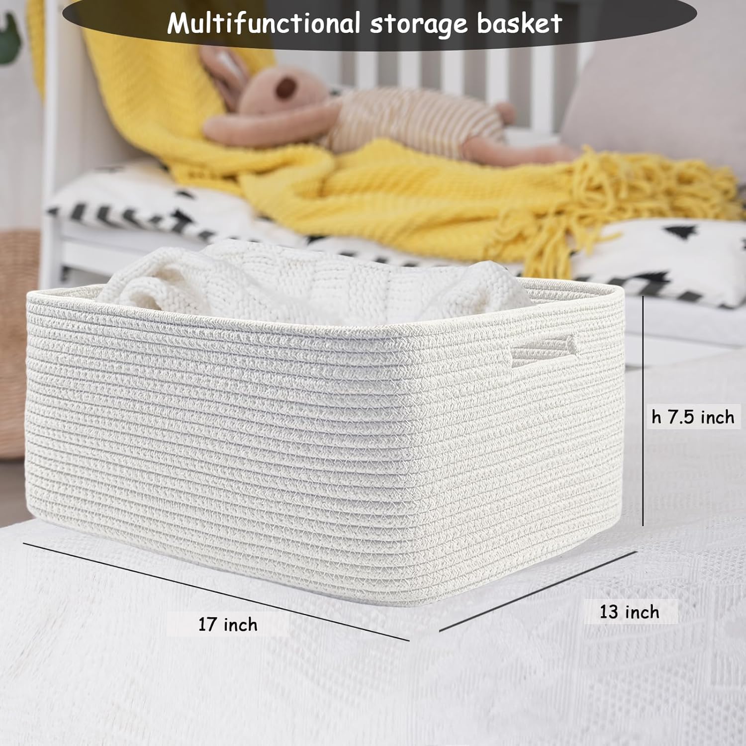 COMFY-HOMI 3 pcs Large Storage Baskets for Shelves, Laundry Basket, Woven Rope Basket, Closet Organizer Bins for Clothes Blanket Towels, Baby Nursery, Gift Toy Baskets, 17” x 13” x 7.5”-White