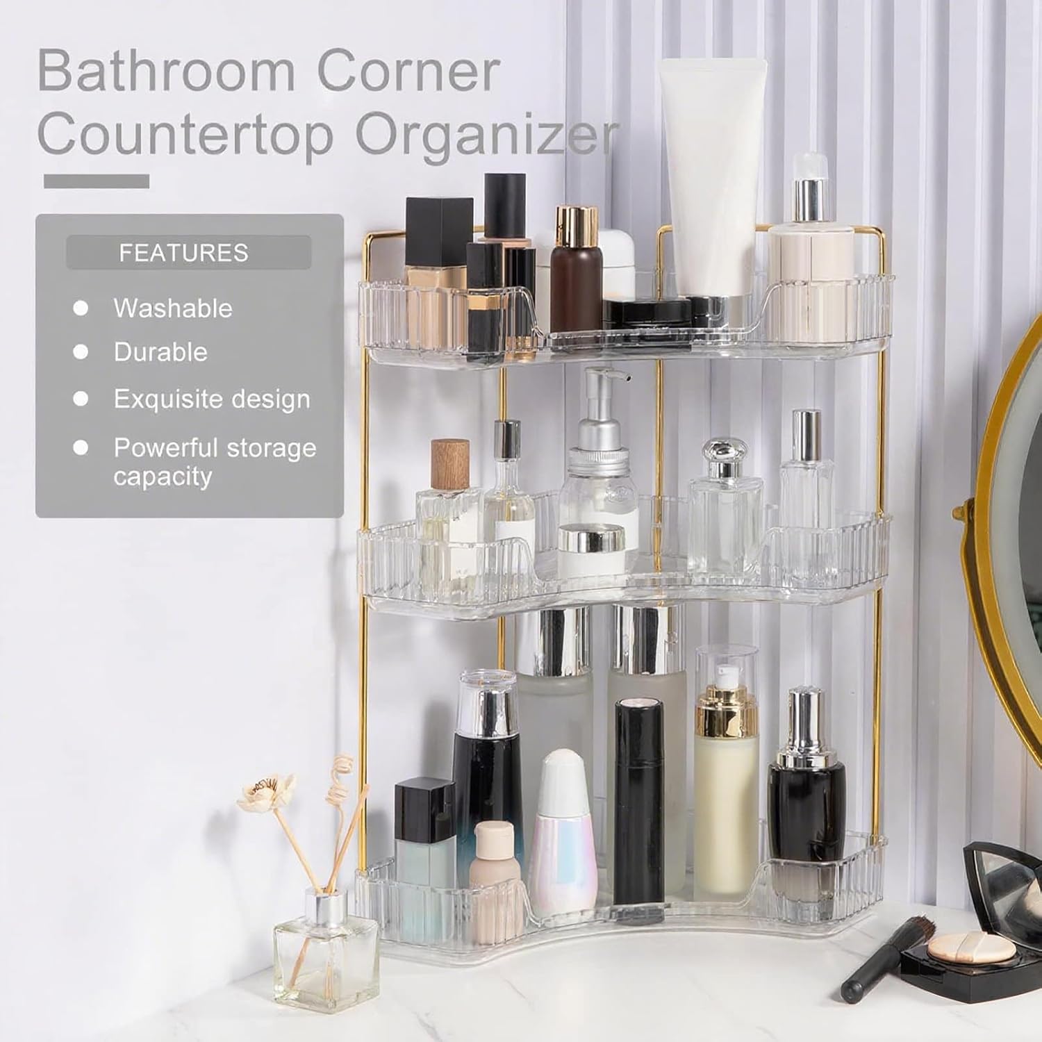 Corner Bathroom Countertop Organizer, Vanity Trays for Counter, Makeup Organizers, Perfume Tray, Kitchen Spice Rack, (Clear, 3 Tiers)