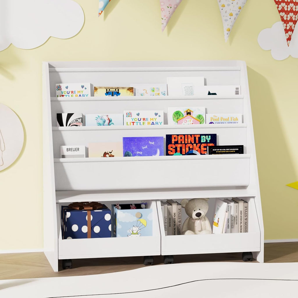 Kids Bookshelf with Two Movable Drawers Toddler Bookcase with Toy Storage Organizer Child Sling Book Rack Baby Cabinet Chest with Wheels for Nursery,Playroom,Bedroom,Living Room,Classroom